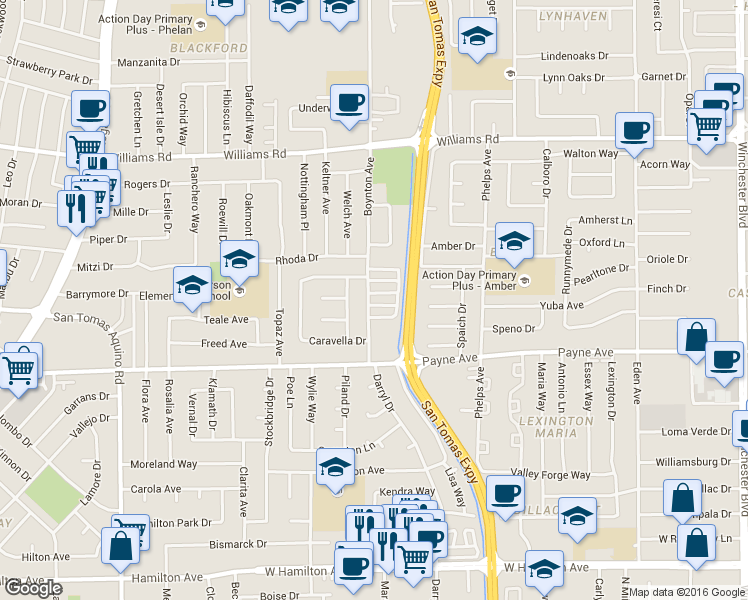 map of restaurants, bars, coffee shops, grocery stores, and more near 1201 Boynton Avenue in San Jose