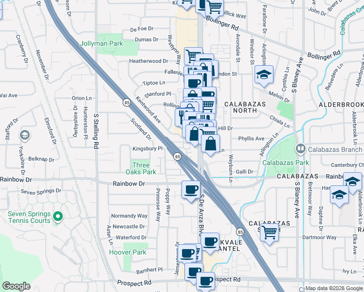 map of restaurants, bars, coffee shops, grocery stores, and more near 1241 Water Lily Way in San Jose