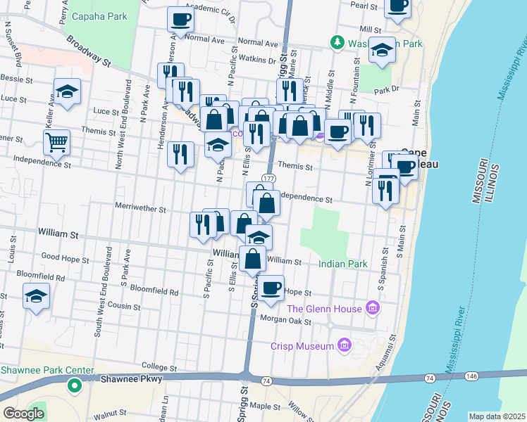 map of restaurants, bars, coffee shops, grocery stores, and more near 25 South Sprigg Street in Cape Girardeau
