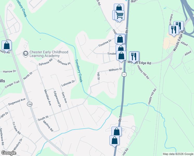 map of restaurants, bars, coffee shops, grocery stores, and more near 15904 Hill Street in Chesterfield County