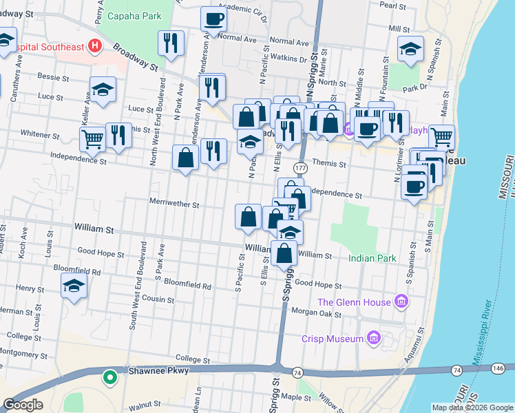map of restaurants, bars, coffee shops, grocery stores, and more near 19 South Ellis Street in Cape Girardeau