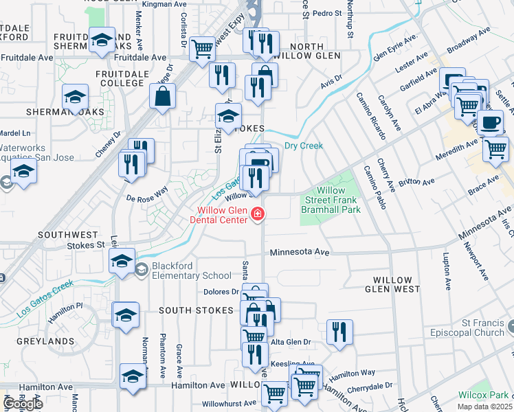 map of restaurants, bars, coffee shops, grocery stores, and more near 1111 Meridian Avenue in San Jose