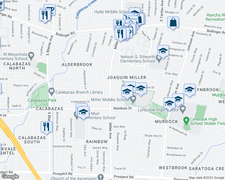 map of restaurants, bars, coffee shops, grocery stores, and more near 1182 Miller Avenue in San Jose