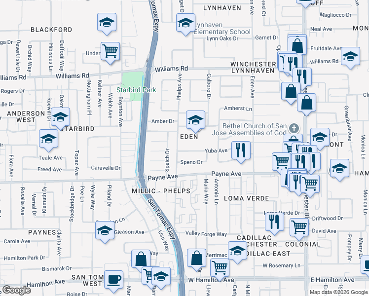 map of restaurants, bars, coffee shops, grocery stores, and more near 3527 Yuba Avenue in San Jose