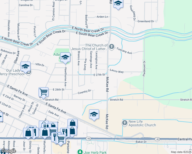 map of restaurants, bars, coffee shops, grocery stores, and more near 2038 East 27th Street in Merced