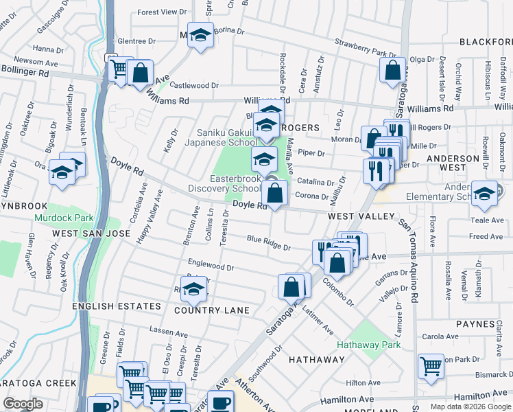 map of restaurants, bars, coffee shops, grocery stores, and more near 4824 Doyle Road in San Jose
