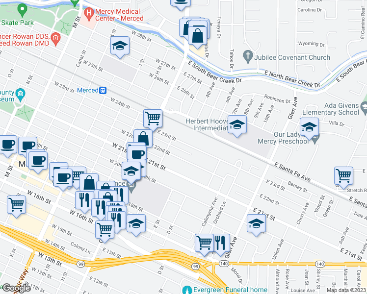 map of restaurants, bars, coffee shops, grocery stores, and more near 148 East 23rd Street in Merced