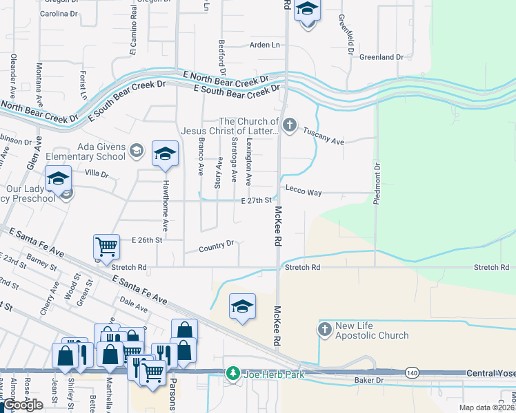 map of restaurants, bars, coffee shops, grocery stores, and more near 2038 East 27th Street in Merced
