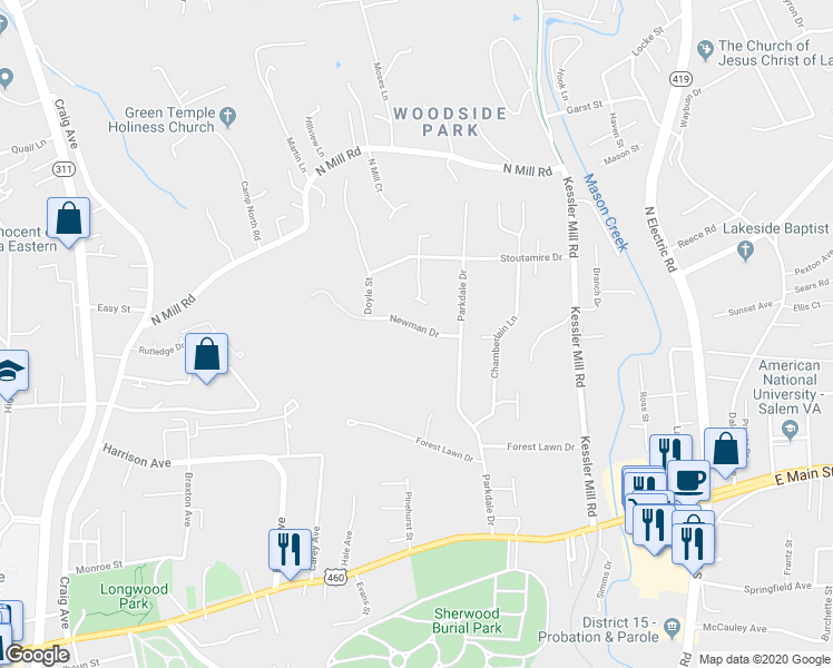 map of restaurants, bars, coffee shops, grocery stores, and more near 1204 Newman Drive in Salem