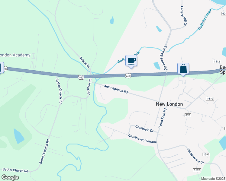 map of restaurants, bars, coffee shops, grocery stores, and more near 1018 Alum Springs Road in Forest