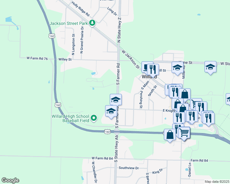 map of restaurants, bars, coffee shops, grocery stores, and more near 309 South Farmer Road in Willard