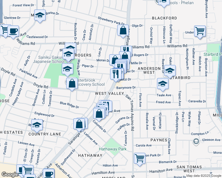 map of restaurants, bars, coffee shops, grocery stores, and more near Saratoga Avenue in San Jose