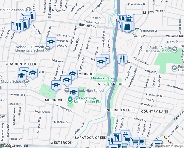 map of restaurants, bars, coffee shops, grocery stores, and more near 1145 Littleoak Circle in San Jose