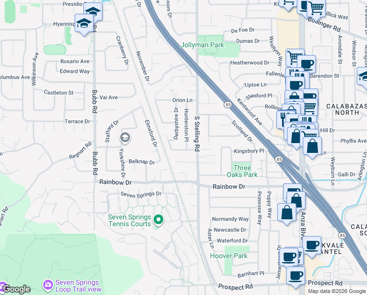 map of restaurants, bars, coffee shops, grocery stores, and more near 1173 Hunterston Place in Cupertino