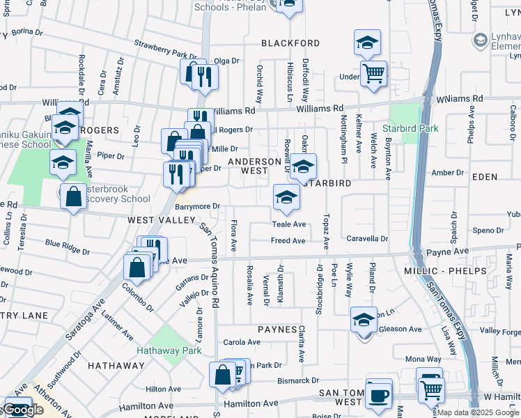map of restaurants, bars, coffee shops, grocery stores, and more near 4090 Barrymore Drive in San Jose