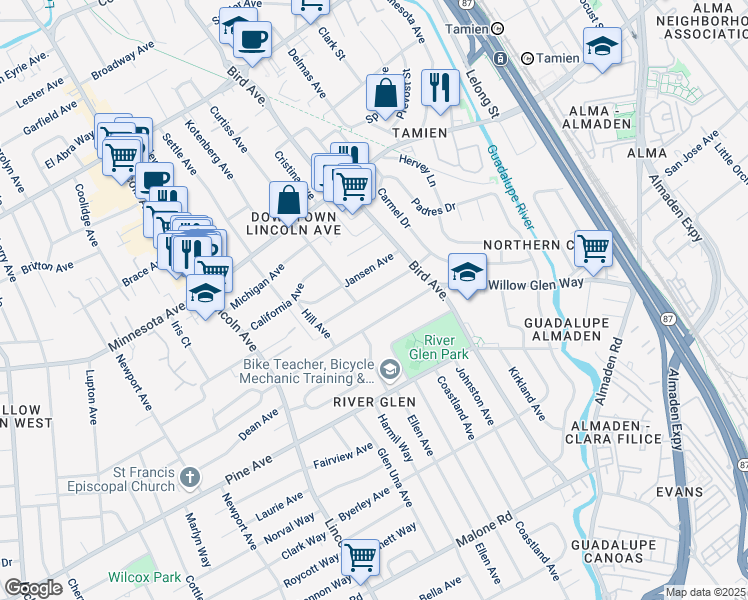 map of restaurants, bars, coffee shops, grocery stores, and more near 874 Nevada Avenue in San Jose