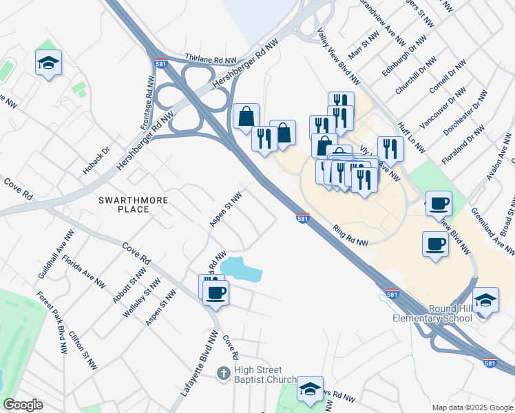 map of restaurants, bars, coffee shops, grocery stores, and more near 2730 Brooklyn Drive Northwest in Roanoke