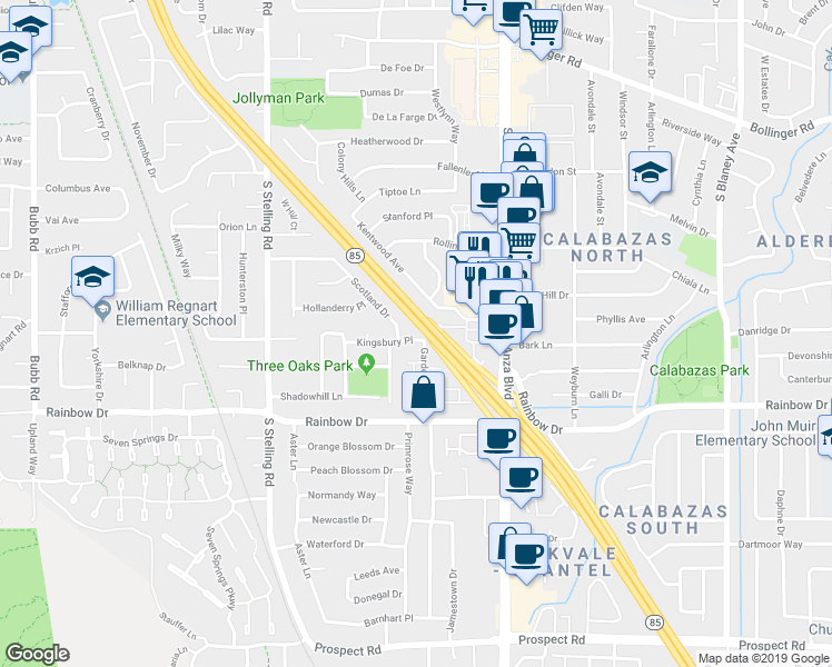 map of restaurants, bars, coffee shops, grocery stores, and more near 7453 Kingsbury Place in Cupertino