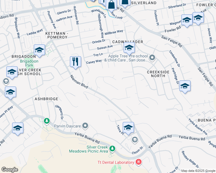 map of restaurants, bars, coffee shops, grocery stores, and more near 2684 Sycamore Grove Place in San Jose