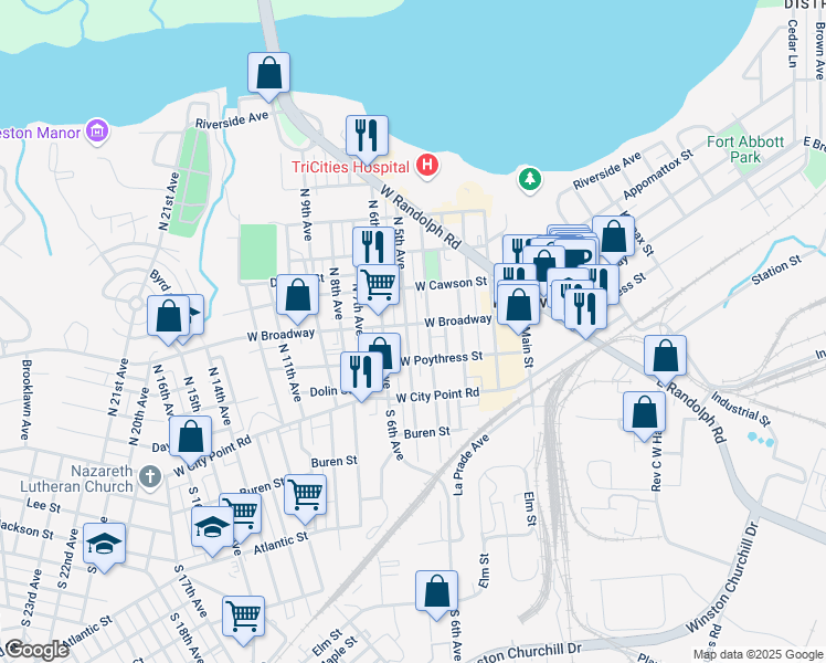 map of restaurants, bars, coffee shops, grocery stores, and more near 211 North 5th Avenue in Hopewell