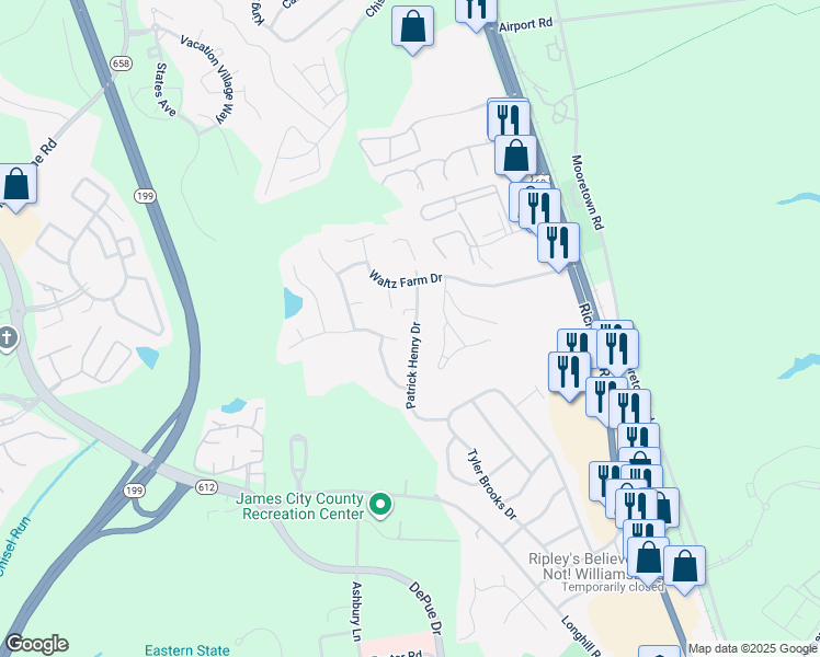 map of restaurants, bars, coffee shops, grocery stores, and more near 124 Patrick Henry Drive in Williamsburg