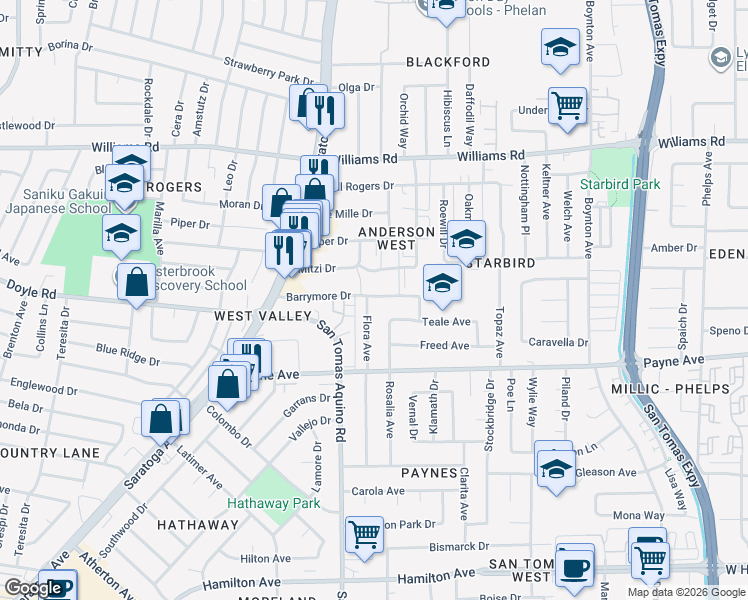 map of restaurants, bars, coffee shops, grocery stores, and more near 4166 Barrymore Drive in San Jose