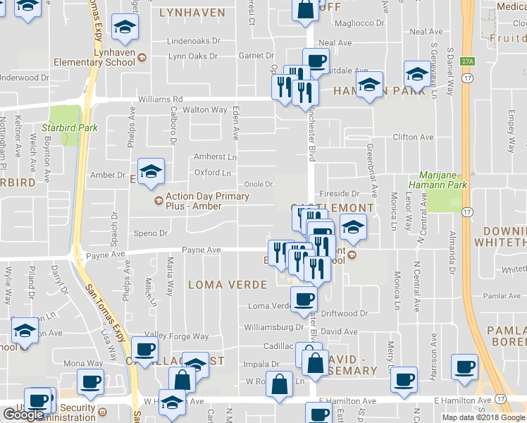 map of restaurants, bars, coffee shops, grocery stores, and more near 3200 Finch Dr in San Jose