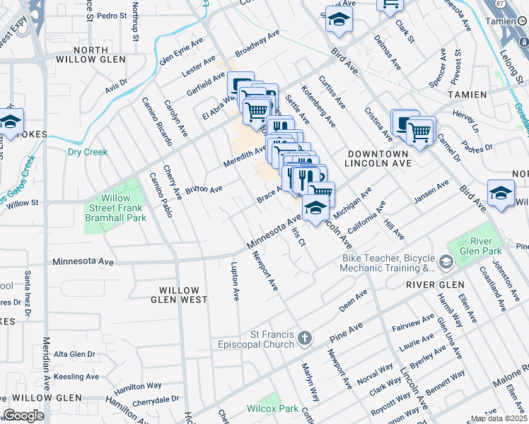 map of restaurants, bars, coffee shops, grocery stores, and more near 1150 Brace Avenue in San Jose