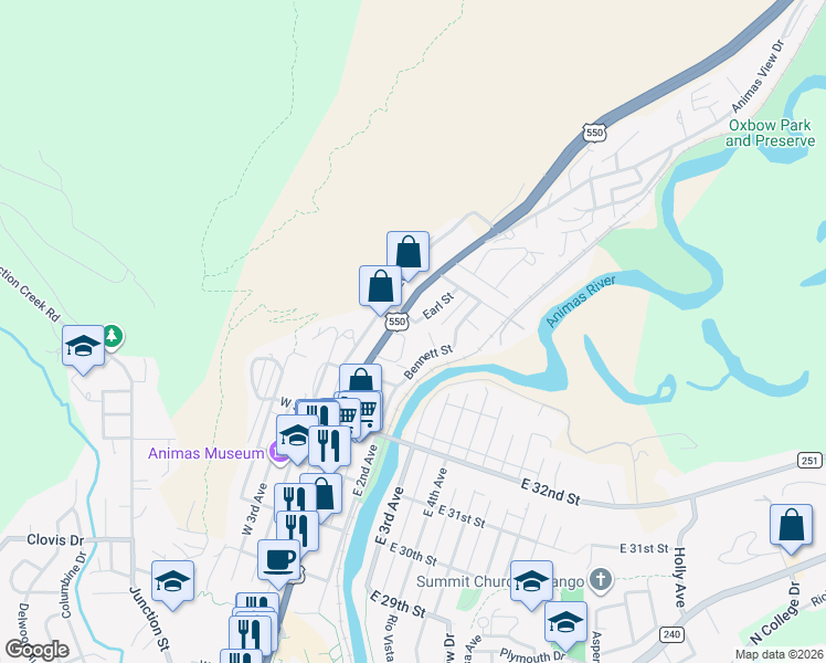 map of restaurants, bars, coffee shops, grocery stores, and more near 3500 Earl Street in Durango
