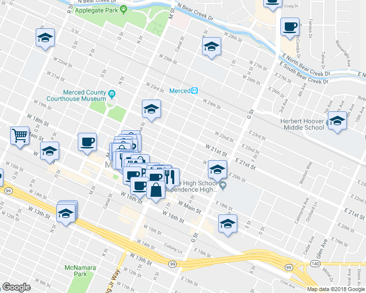 map of restaurants, bars, coffee shops, grocery stores, and more near 2004 Martin Luther King Junior Way in Merced