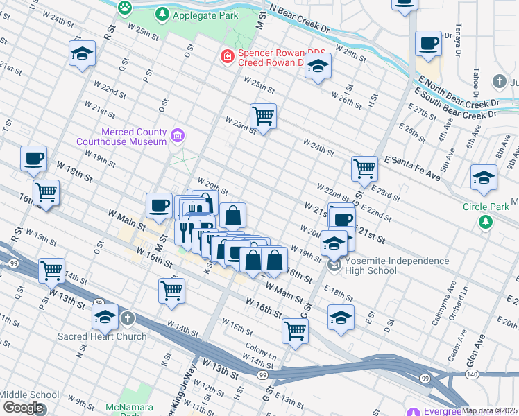 map of restaurants, bars, coffee shops, grocery stores, and more near 2004 Martin Luther King Junior Way in Merced