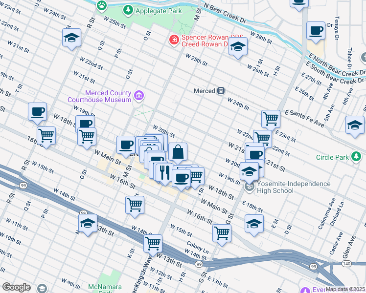 map of restaurants, bars, coffee shops, grocery stores, and more near 1926 K Street in Merced