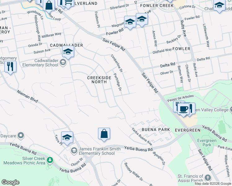 map of restaurants, bars, coffee shops, grocery stores, and more near 4141 Yerba Buena Avenue in San Jose