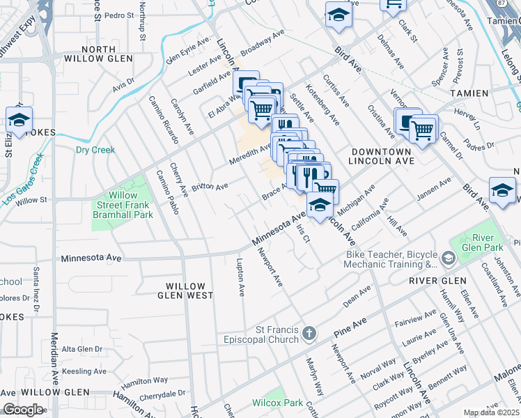 map of restaurants, bars, coffee shops, grocery stores, and more near 1150 Brace Avenue in San Jose