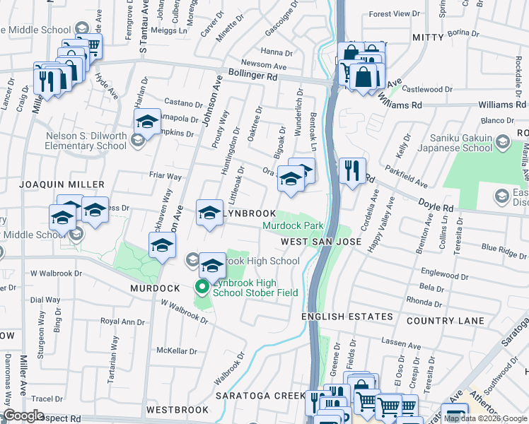 map of restaurants, bars, coffee shops, grocery stores, and more near 1145 Littleoak Circle in San Jose