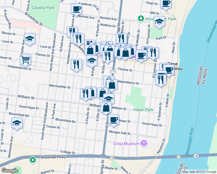 map of restaurants, bars, coffee shops, grocery stores, and more near 25 South Sprigg Street in Cape Girardeau