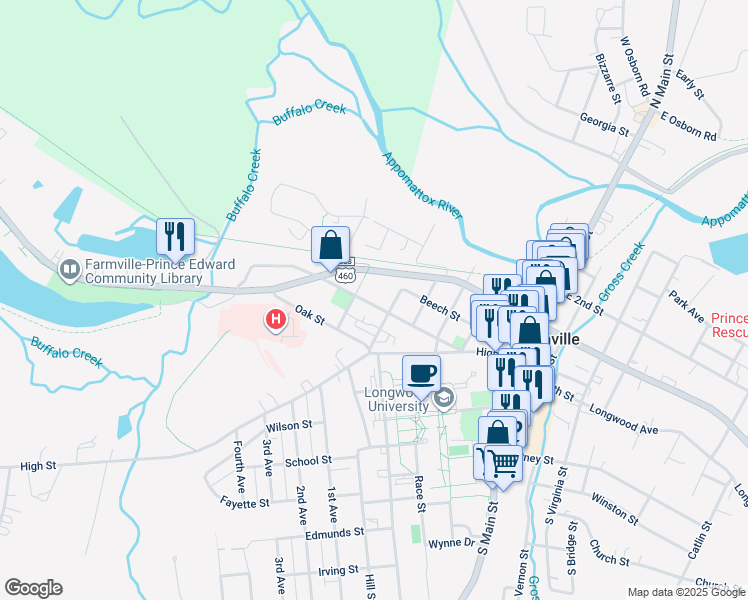 map of restaurants, bars, coffee shops, grocery stores, and more near 606 Buffalo Street in Farmville