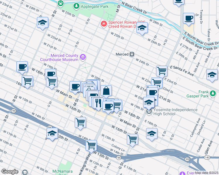 map of restaurants, bars, coffee shops, grocery stores, and more near 1926 K Street in Merced