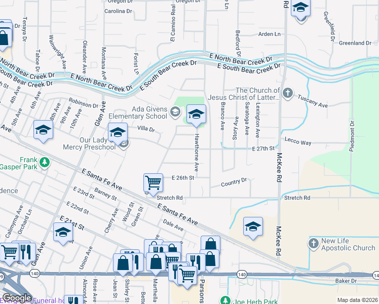 map of restaurants, bars, coffee shops, grocery stores, and more near 1610 East 27th Street in Merced