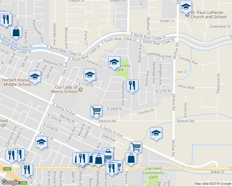 map of restaurants, bars, coffee shops, grocery stores, and more near 1610 East 27th Street in Merced