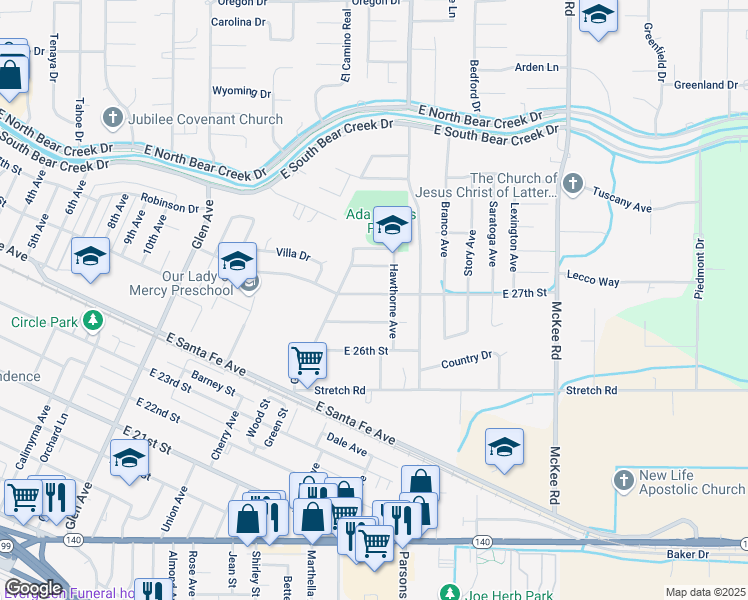 map of restaurants, bars, coffee shops, grocery stores, and more near 1620 East 27th Street in Merced