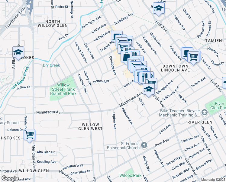 map of restaurants, bars, coffee shops, grocery stores, and more near 1187 Brace Avenue in San Jose