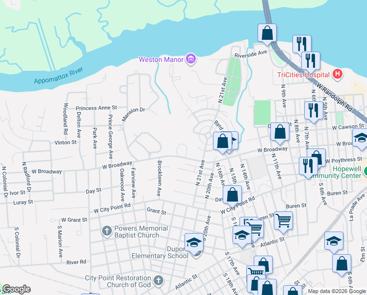 map of restaurants, bars, coffee shops, grocery stores, and more near 303 Monticello Drive in Hopewell