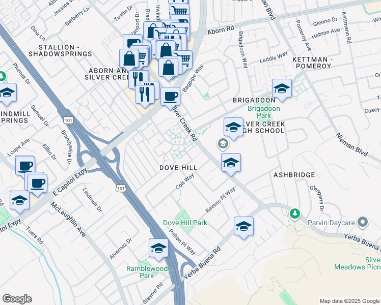 map of restaurants, bars, coffee shops, grocery stores, and more near 3536 Marsh Manor Way in San Jose
