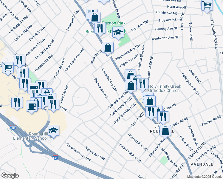map of restaurants, bars, coffee shops, grocery stores, and more near 3640 Roundhill Avenue Northwest in Roanoke