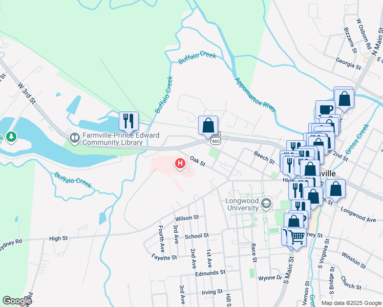 map of restaurants, bars, coffee shops, grocery stores, and more near 718 Oak Street in Farmville