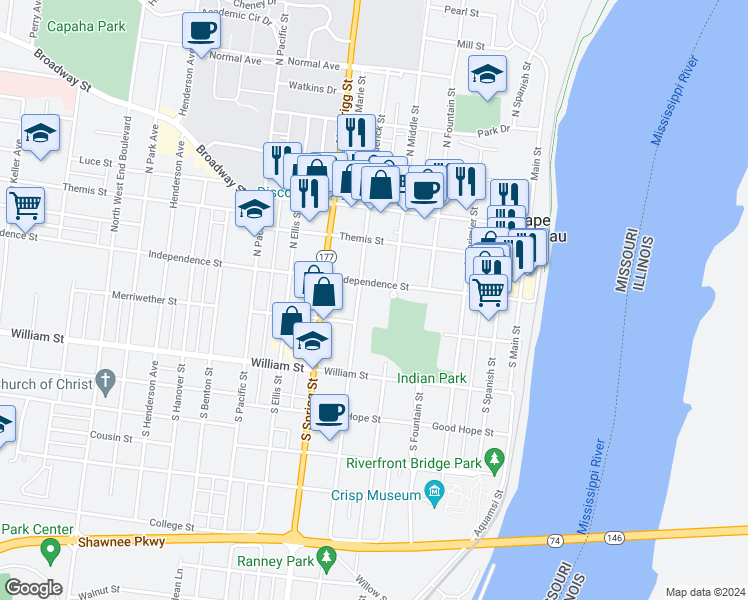 map of restaurants, bars, coffee shops, grocery stores, and more near 555 Independence Street in Cape Girardeau