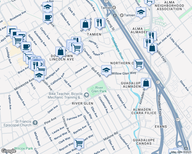 map of restaurants, bars, coffee shops, grocery stores, and more near 818 Willow Glen Way in San Jose
