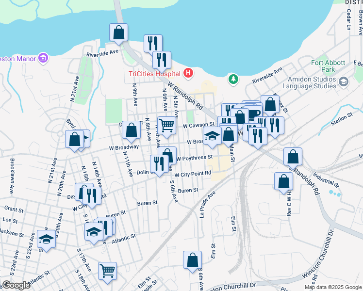 map of restaurants, bars, coffee shops, grocery stores, and more near 211 North 5th Avenue in Hopewell