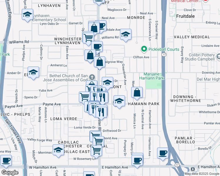 map of restaurants, bars, coffee shops, grocery stores, and more near 1227 Castlemont Ave in San Jose